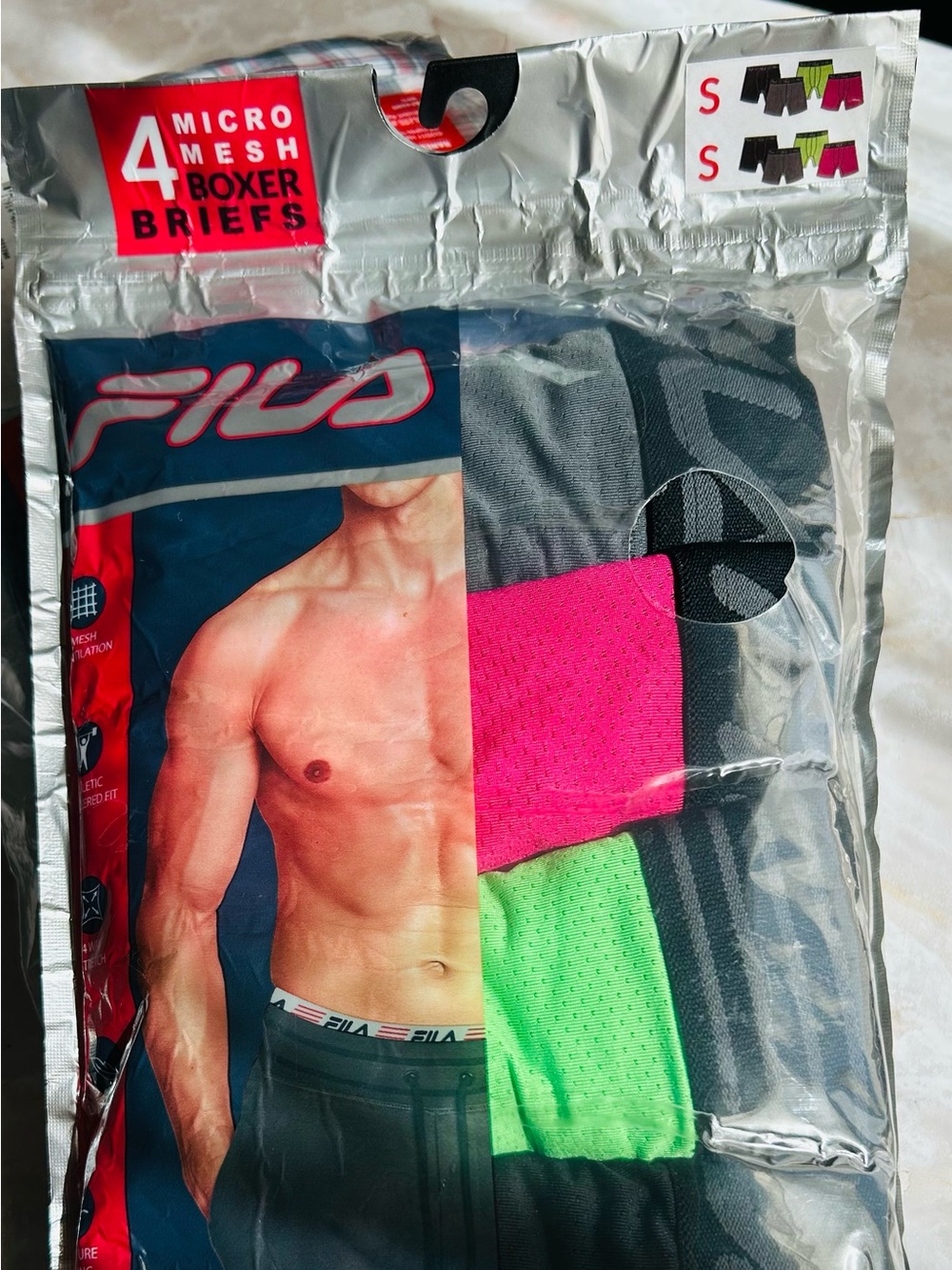 Fila Men's Micro Mesh Boxer Briefs Sz S, Black, Pink, Green (4-Pack)